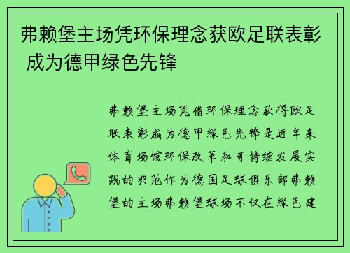 弗赖堡主场凭环保理念获欧足联表彰 成为德甲绿色先锋